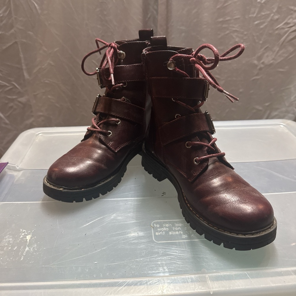 Burgundy Combat Boots with Pink Laces